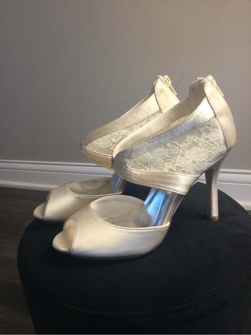 Ivory Lace Peep-Toe Stiletto Heels with Satin Panels